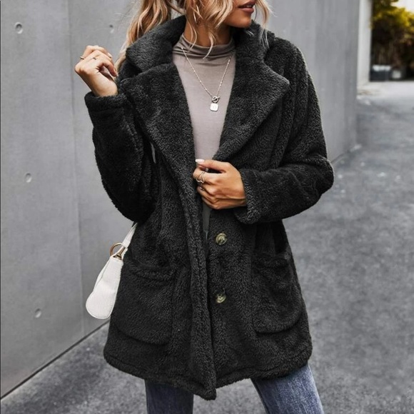 Black comfy button pocket teddy jacket coat - Picture 5 of 14